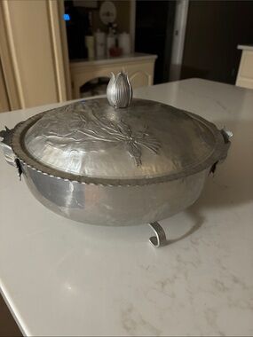 Vintage Rodney Kent Hammered Aluminum Footed Bowl w/Lid